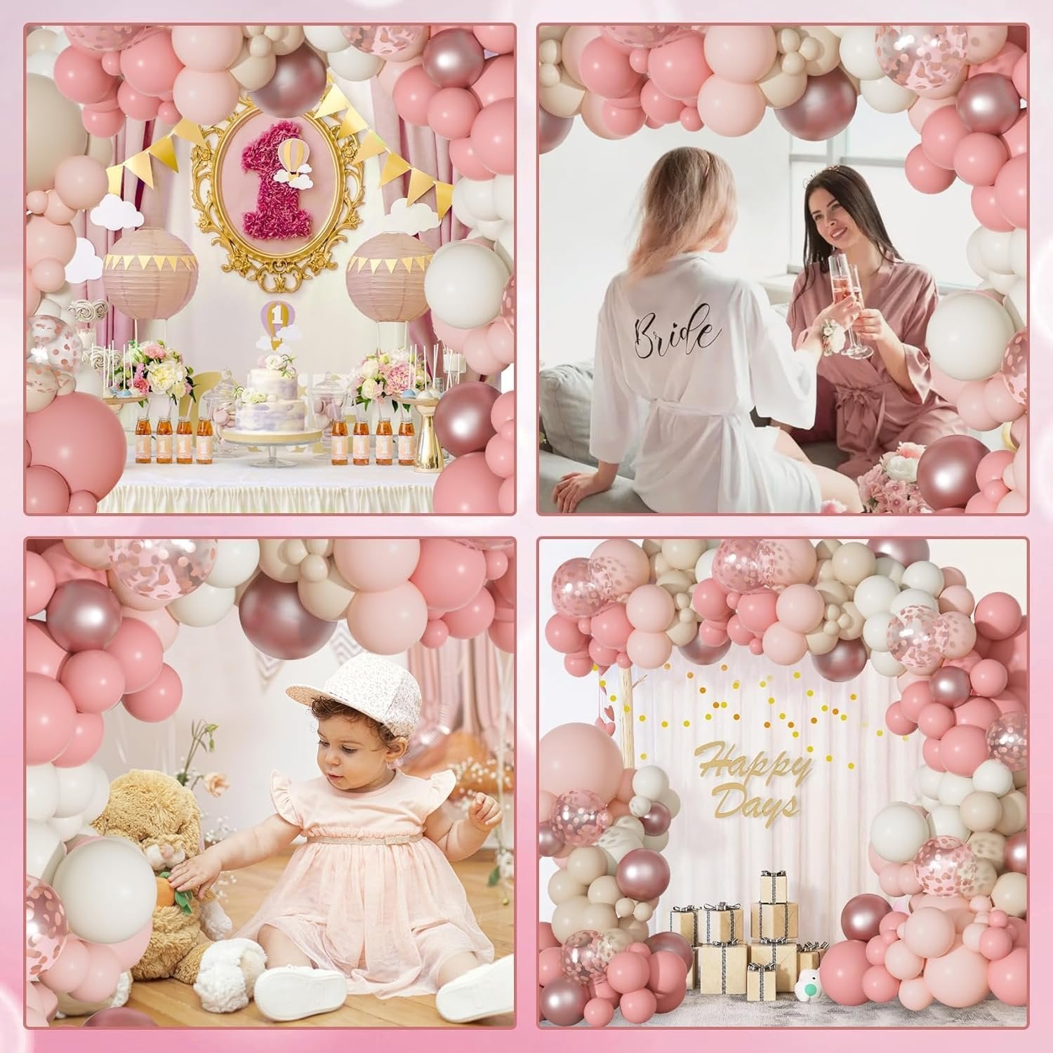 Collage of dusty pink balloon arch garland kit decorations for parties and celebrations.