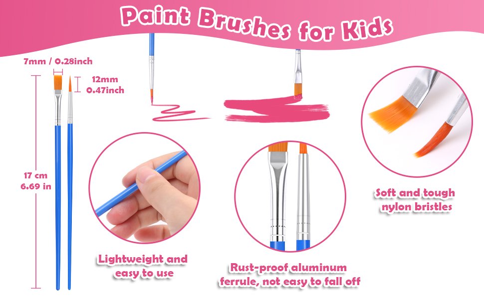 Set of paint brushes for kids showing dimensions, bristles, and ferrules with paint strokes.