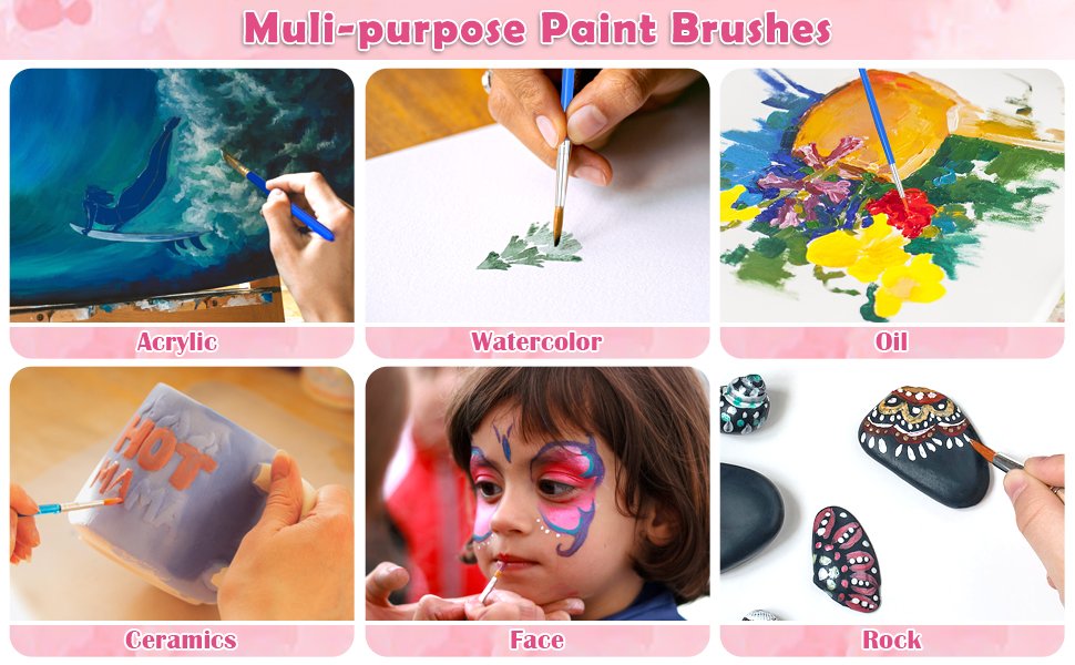Collage of paint brush uses: acrylic painting, watercolor, oil painting, ceramics, face painting, and rock painting.