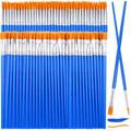 Rows of blue handled paint brushes with orange bristles, plus two brushes and paint strokes on the right.