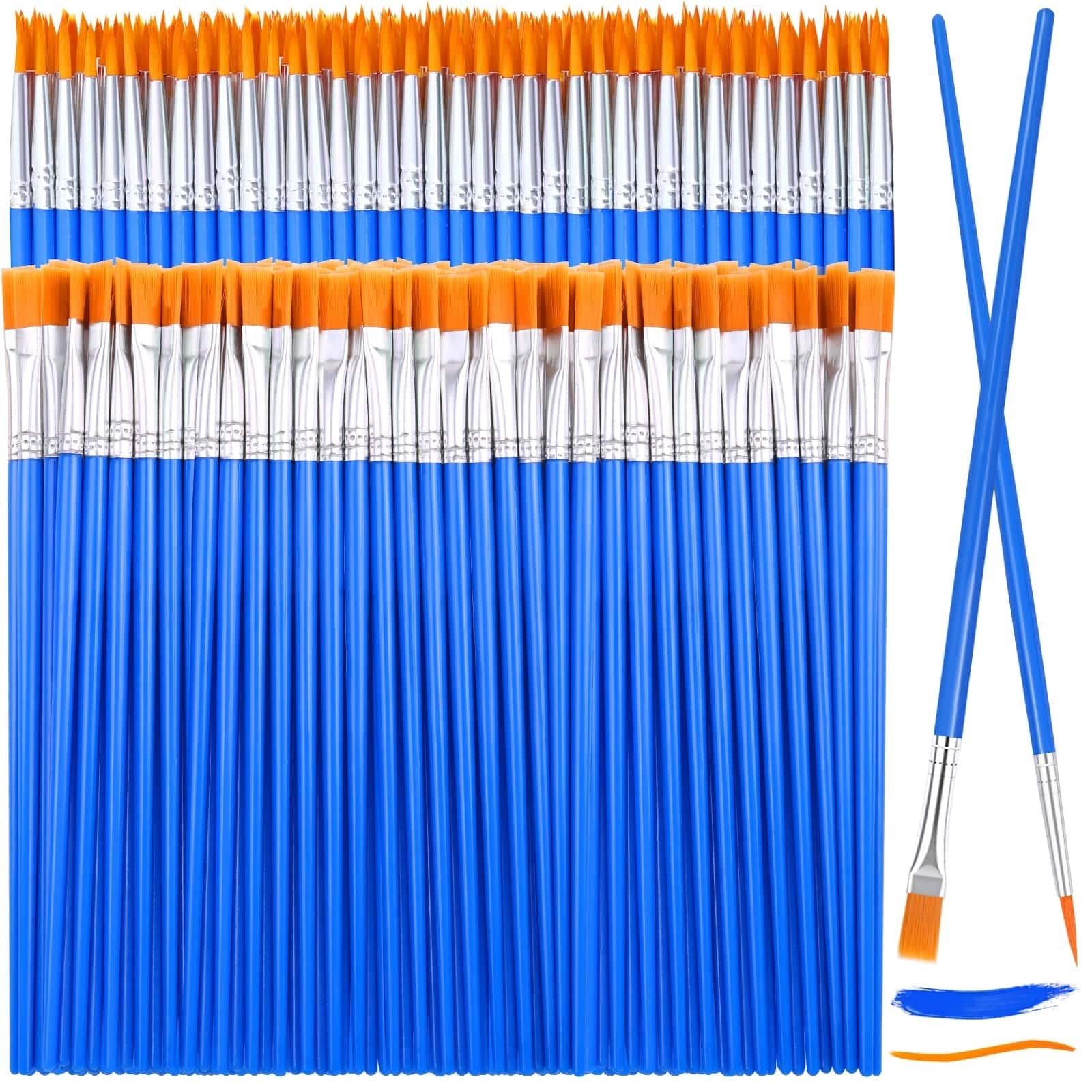 Rows of blue handled paint brushes with orange bristles, plus two brushes and paint strokes on the right.