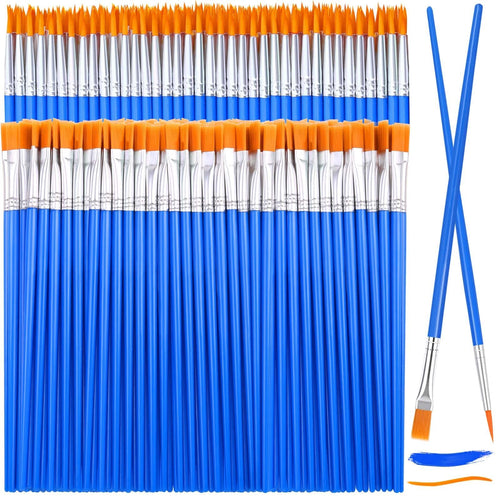 Rows of blue handled paint brushes with orange bristles, plus two brushes and paint strokes on the right.