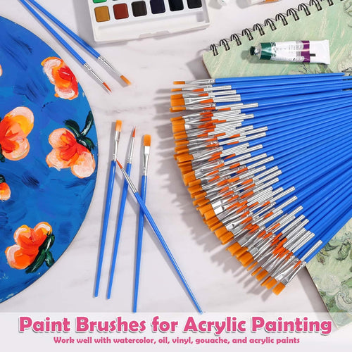 Assortment of blue-handled paint brushes with orange bristles, some on a painted blue palette, and a watercolor paint set.
