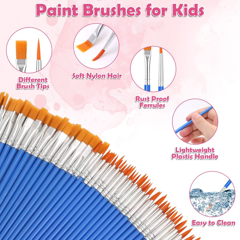 A large group of paint brushes with blue handles and orange bristles, displayed at an angle. Inset circles highlight different brush tips, soft nylon hair, rust-proof ferrules, a lightweight plastic handle, and easy cleaning.