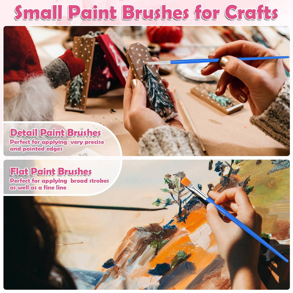 Hands painting small wooden crafts and canvas with detail and flat paint brushes