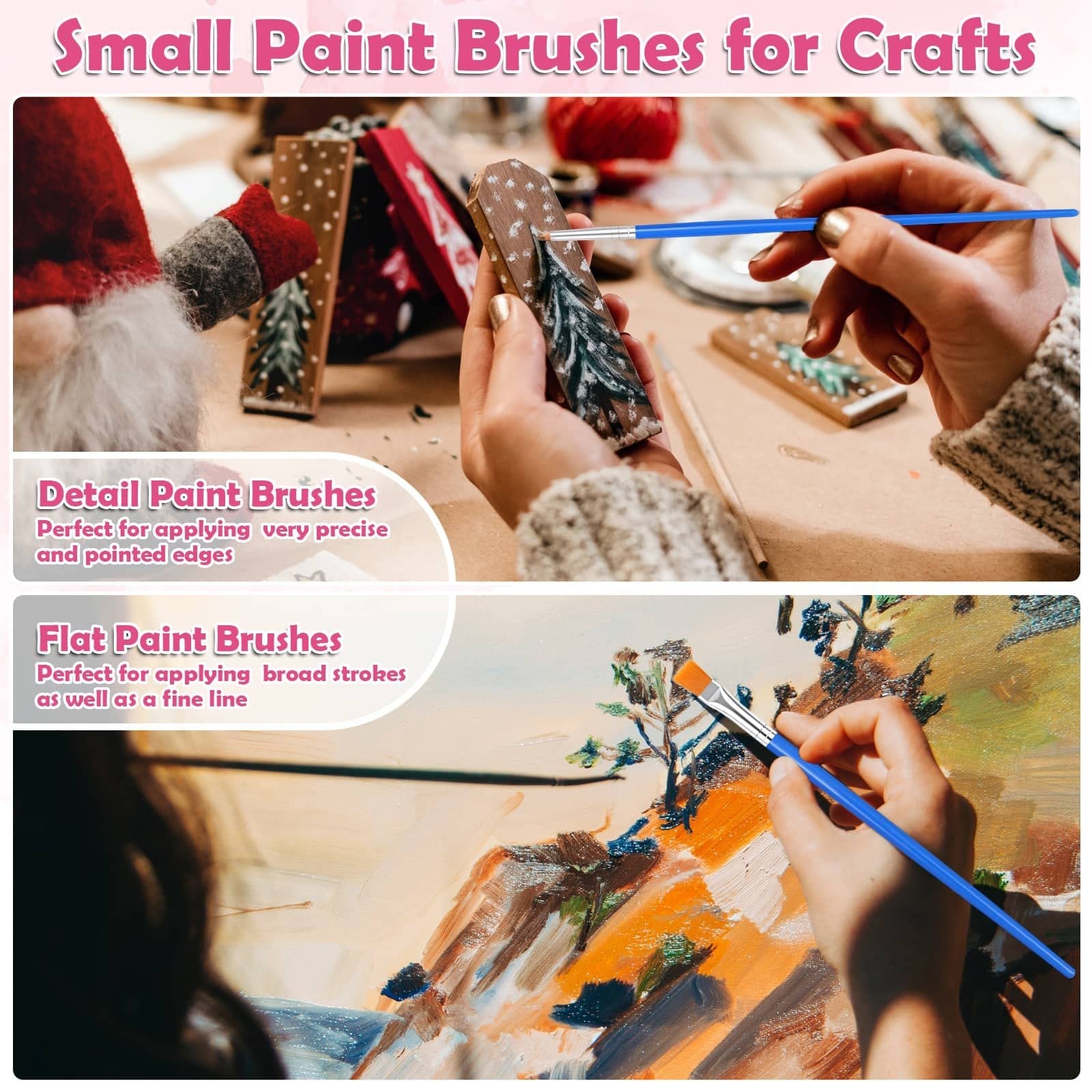 Hands painting small wooden crafts and canvas with detail and flat paint brushes
