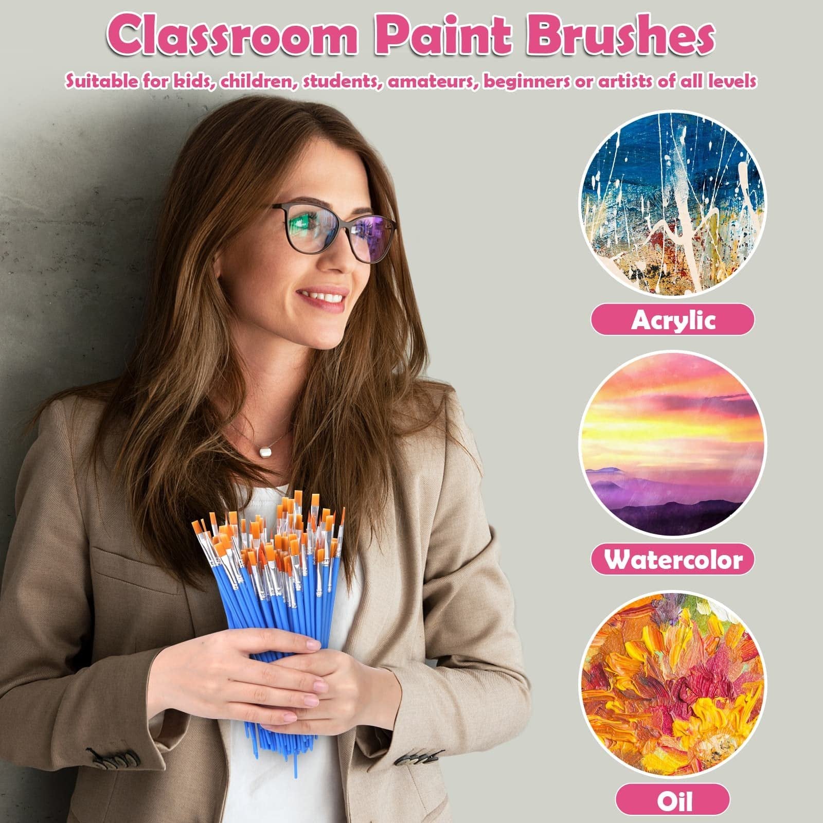 Woman holding a large bunch of blue-handled paint brushes with orange bristles, with examples of acrylic, watercolor, and oil paintings on the right.