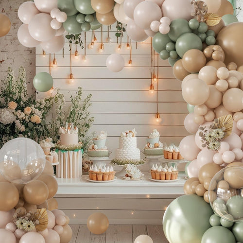 Sage green and neutral balloon arch over a dessert table with cakes and tarts, decorated with flowers and string lights.