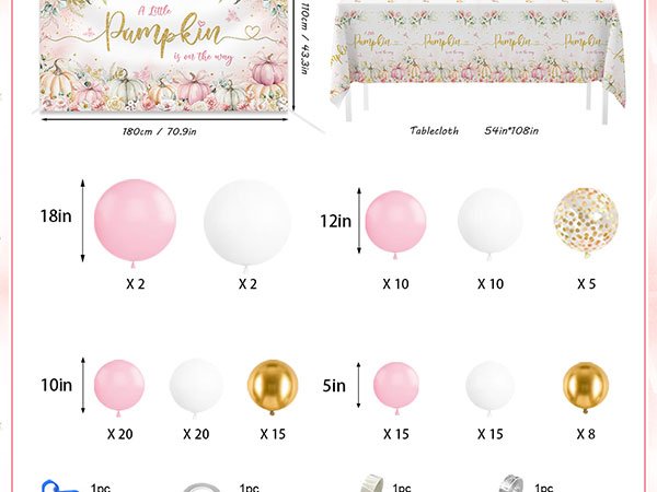 Pink and white balloons, gold balloons, and confetti balloons with a floral banner and tablecloth for a baby shower.