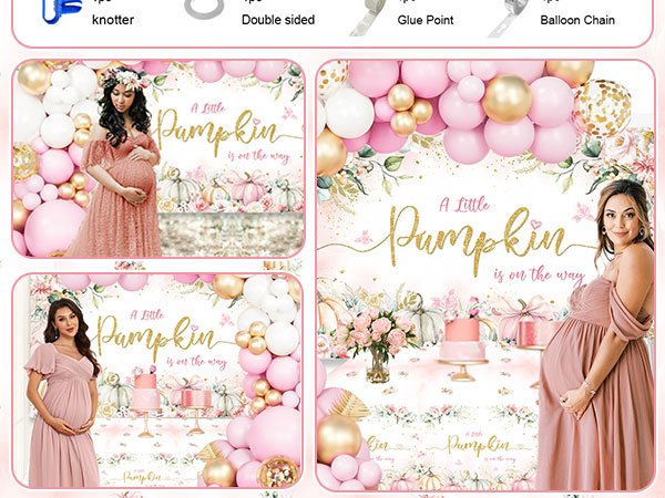 Collage of baby shower decorations with pregnant women and floral pumpkins. Includes balloon garlands and banners.