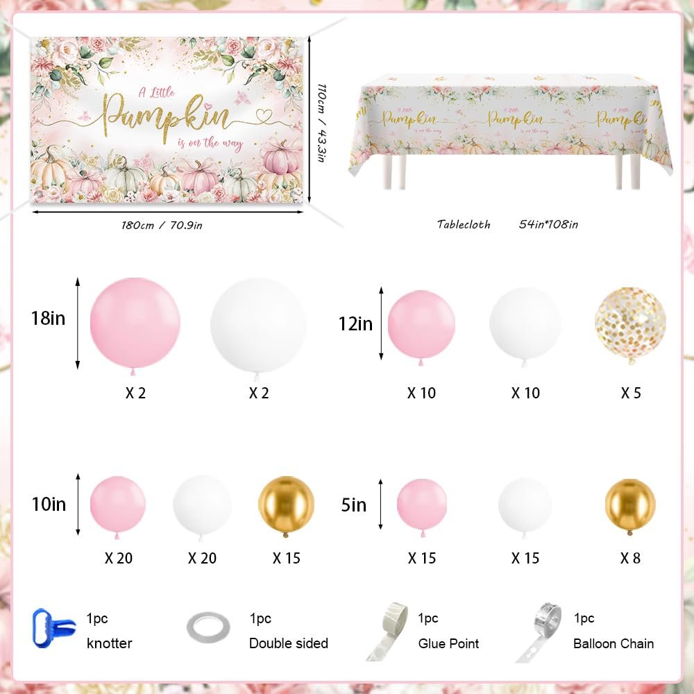 Pink pumpkin baby shower decoration kit contents including balloons, tablecloth, and banner.