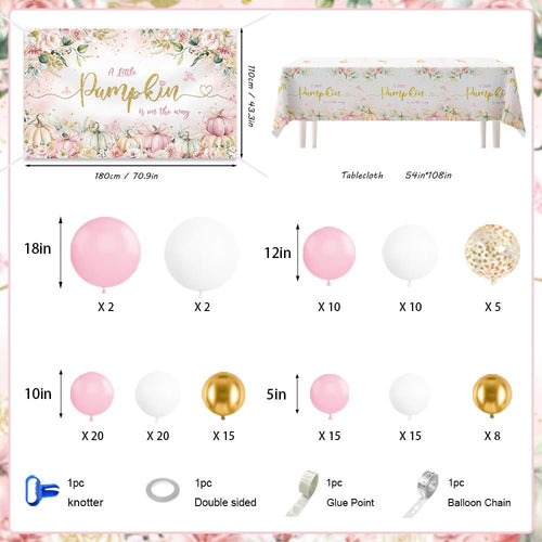 Pink pumpkin baby shower decoration kit contents including balloons, tablecloth, and banner.