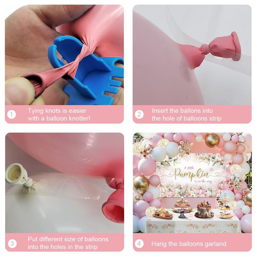 Four-panel image showing how to assemble a balloon garland for a baby shower. Includes close-ups of balloon knotting and attaching to a strip, and a final shot of a decorated party table with the garland.