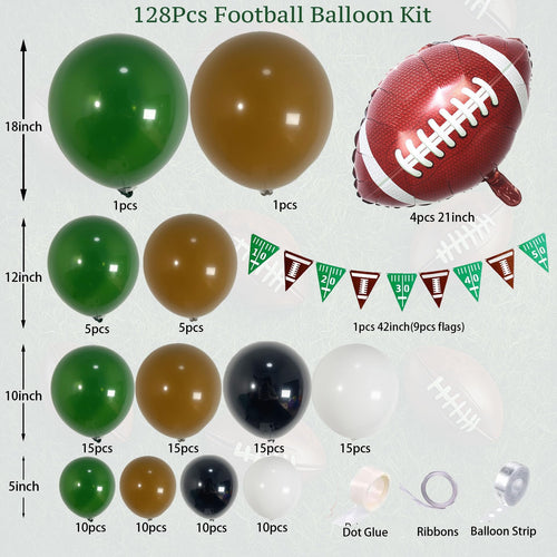 Football balloon arch garland kit contents including various sizes of dark green, brown, black, and white balloons, a football foil balloon, banner flags, ribbon, dot glue, and balloon strip.