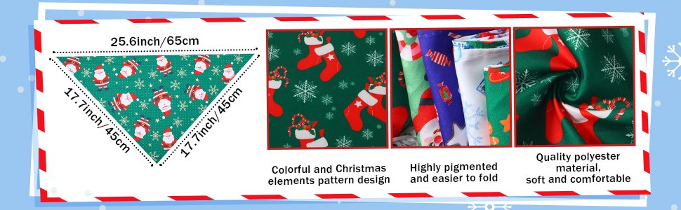 Christmas-themed fabric bandana with Santa and snowflake patterns, showing dimensions and fabric details.