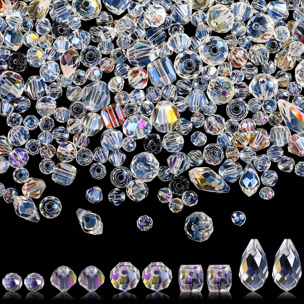 Assortment of faceted glass beads in various shapes and sizes with AB finish on a black background, showing five distinct shapes at the bottom.