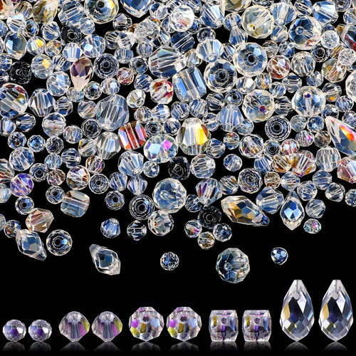 Assortment of faceted glass beads in various shapes and sizes with AB finish on a black background, showing five distinct shapes at the bottom.