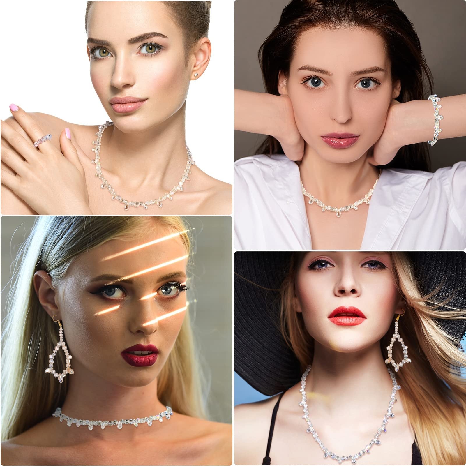 Collage of four women wearing faceted glass bead necklaces, earrings, and bracelets.