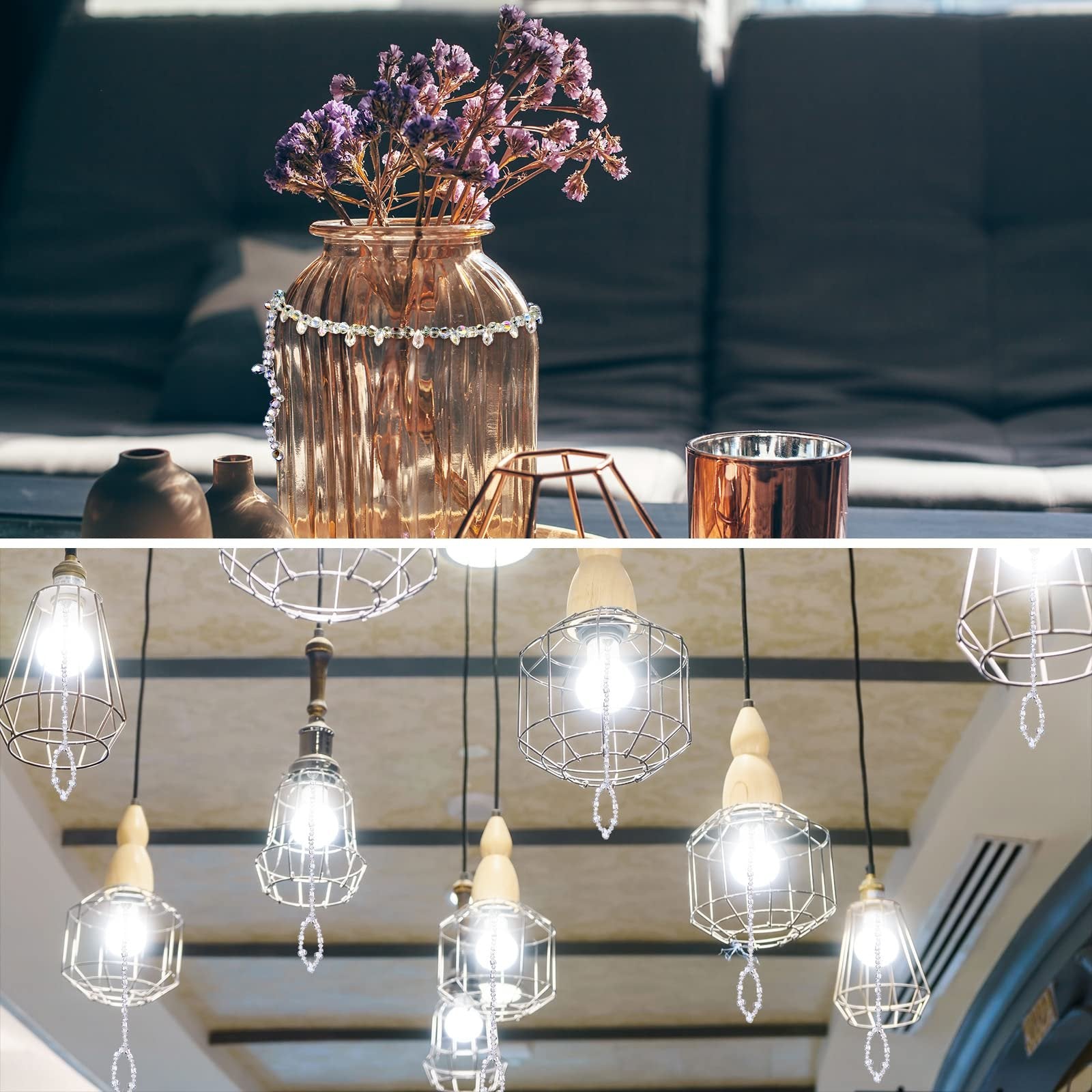 Duo-tone image: top shows a vase with dried flowers and beaded garland; bottom shows decorative pendant lights with beaded strands.