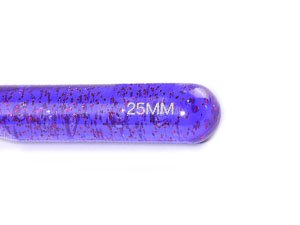 Close-up of a purple glitter crochet hook handle with '25MM' embossed on the side.