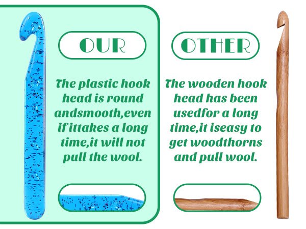 Comparison of a blue plastic crochet hook and a wooden crochet hook, highlighting features.