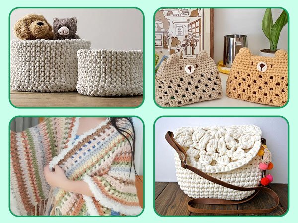 Four panels showing various crochet items: baskets with teddy bears, two small bear-shaped bags, a person wearing a colorful poncho, and a cream-colored crossbody bag with pom-poms.