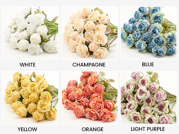 Six bouquets of artificial roses in white, champagne, blue, yellow, orange, and light purple, each with color labels below.