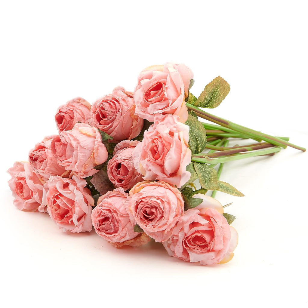 Bunch of 12 pink artificial roses with green stems and leaves, displayed on a white background.