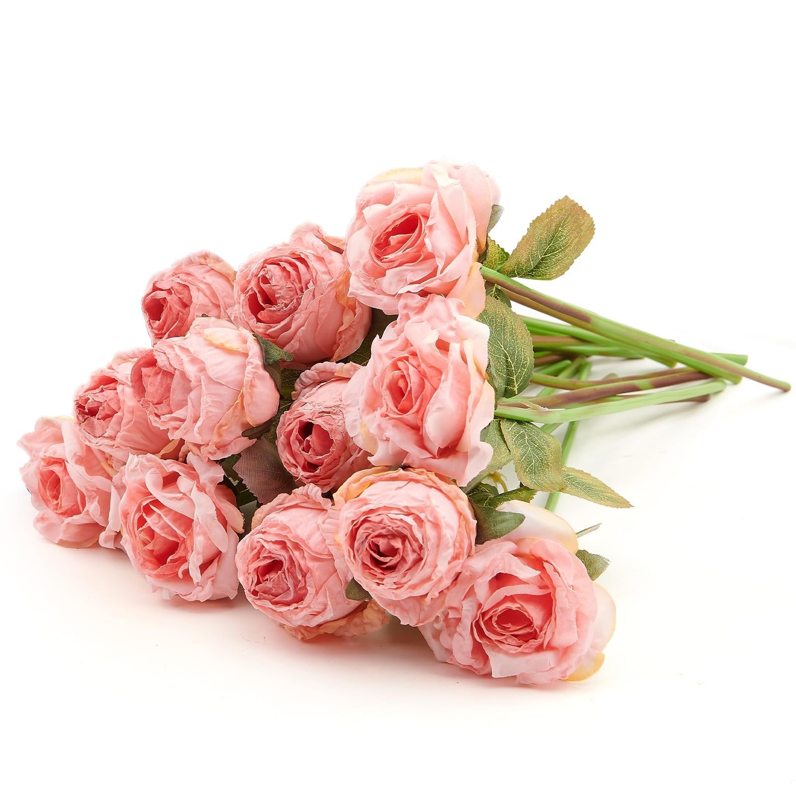 Bunch of 12 pink artificial roses with green stems and leaves, displayed on a white background.