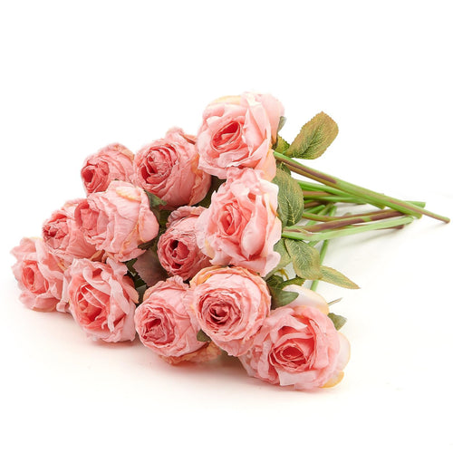 Bunch of 12 pink artificial roses with green stems and leaves, displayed on a white background.