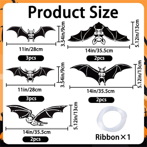Product size chart showing different sizes and quantities of bat decorations and a roll of ribbon.