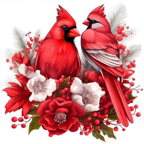 Two red cardinals perched amidst red and white flowers and berries, with pine needles.