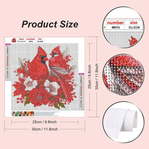 Diamond painting kit featuring two cardinals on a floral branch, with size and color chart overlays.
