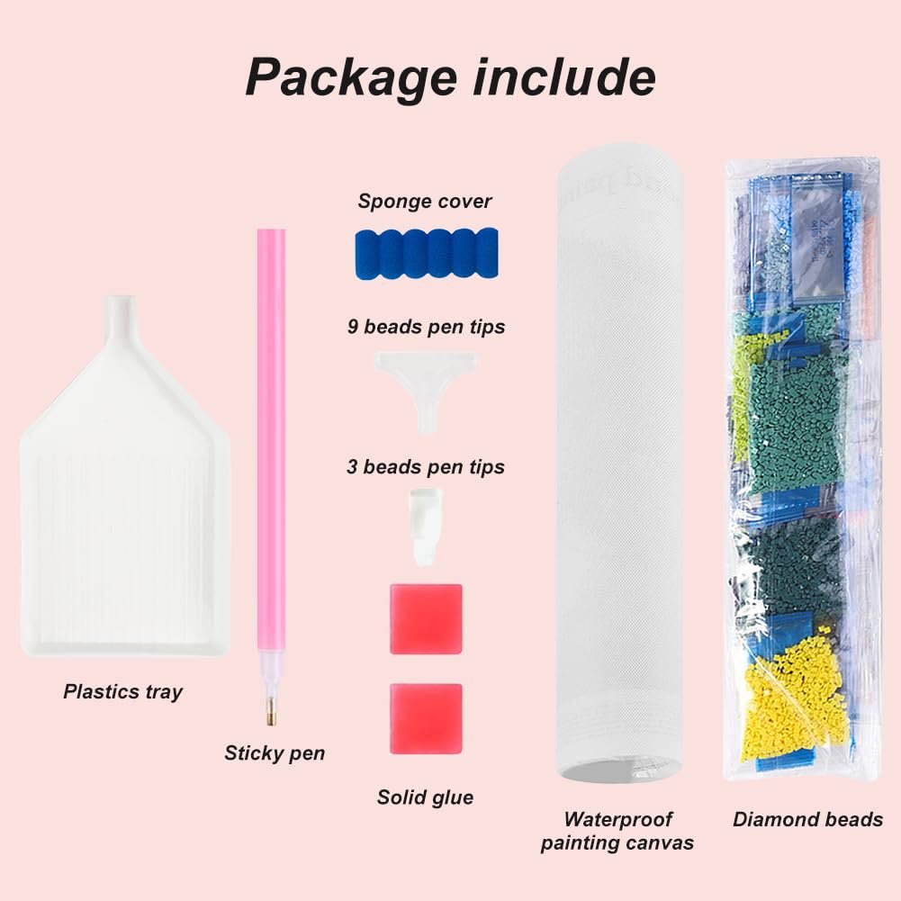 Diamond painting kit contents laid out: plastics tray, sticky pen, sponge cover, pen tips, solid glue, waterproof canvas, and diamond beads.