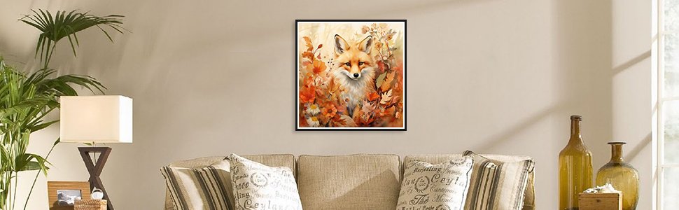 Diamond painting kit featuring a fox surrounded by fall leaves and flowers, displayed in a living room setting.