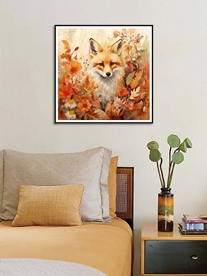Diamond painting kit featuring a fox surrounded by autumn leaves, displayed above a bed.