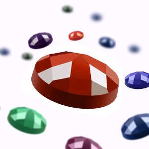 Close-up of a faceted red diamond painting gem surrounded by blurred colorful gems on a white background.