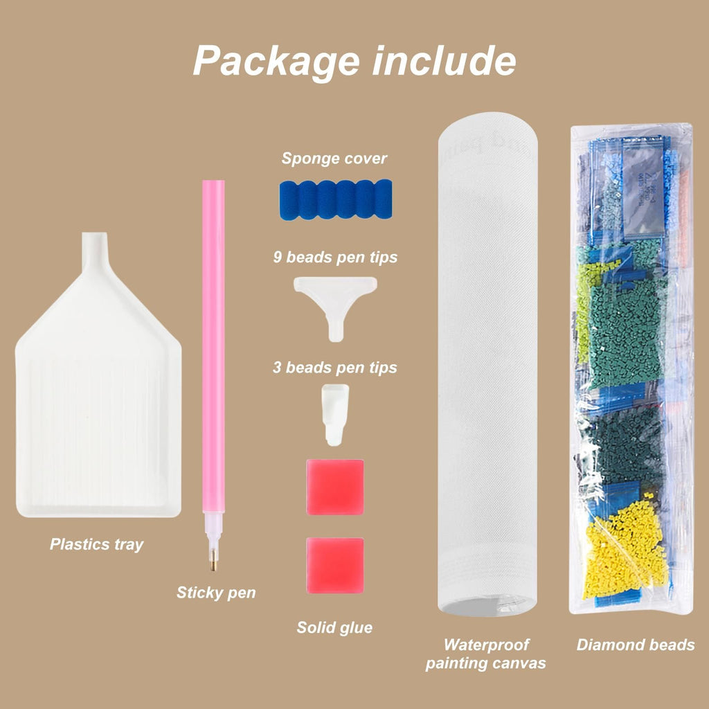 Diamond painting kit contents including tray, pen, glue, sponge cover, pen tips, canvas, and diamond beads.