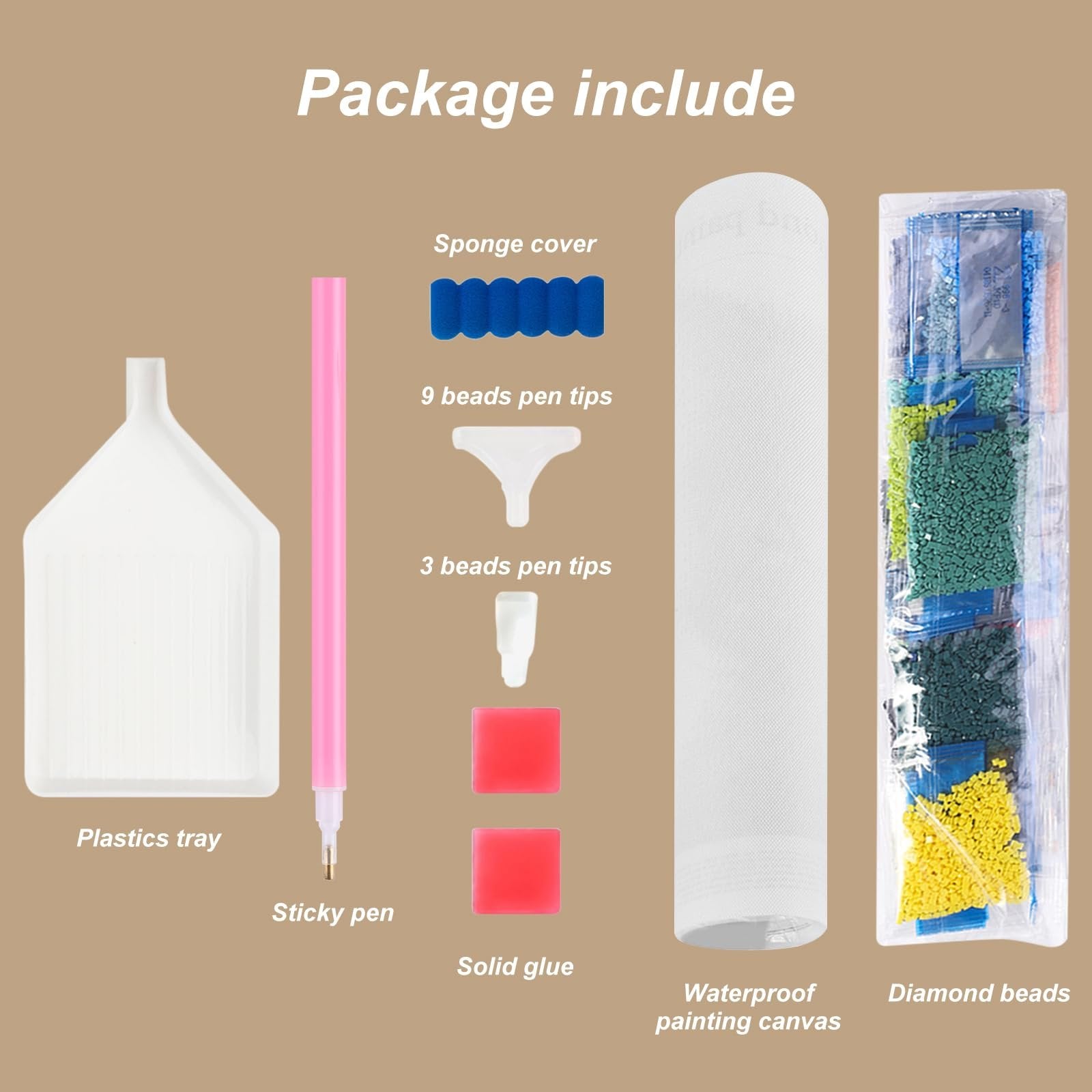 Diamond painting kit contents including tray, pen, glue, sponge cover, pen tips, canvas, and diamond beads.