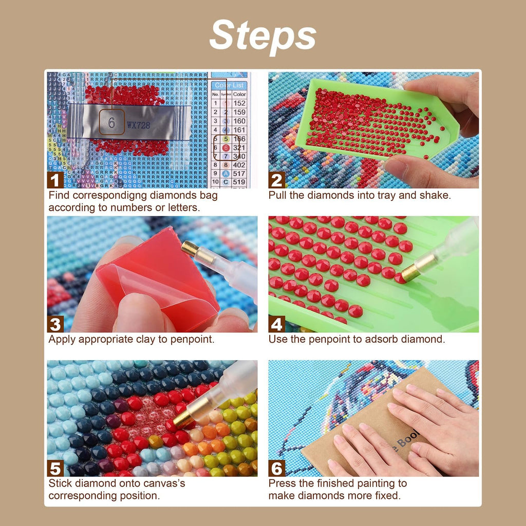 Diamond painting kit instructions showing 6 steps: finding diamond bags, shaking diamonds in tray, applying clay, picking up diamonds, placing diamonds, and pressing finished painting.