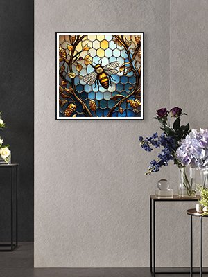 Framed 5D diamond painting kit featuring a stained glass bee design with honeycomb background, displayed on a wall.