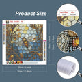 Diamond painting kit with stained glass bee design, showing the canvas with symbols and a magnified section of the diamond grid and color key.