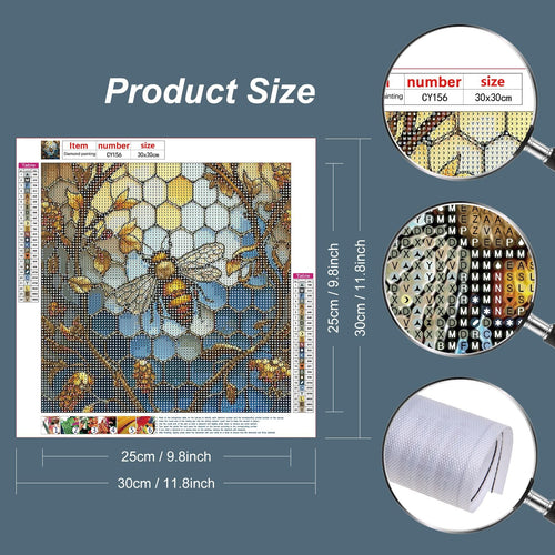 Diamond painting kit with stained glass bee design, showing the canvas with symbols and a magnified section of the diamond grid and color key.