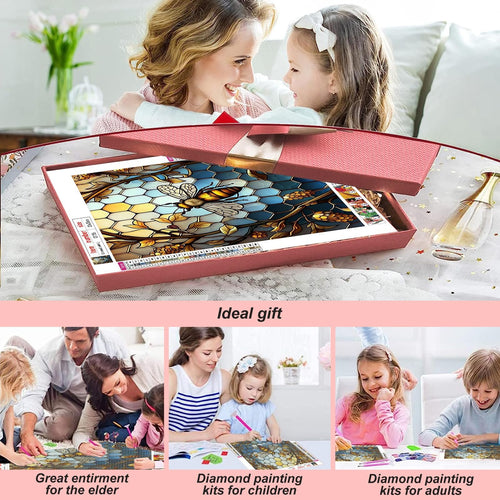 Diamond painting kit with stained glass bee design, shown in gift box with family doing crafts below.