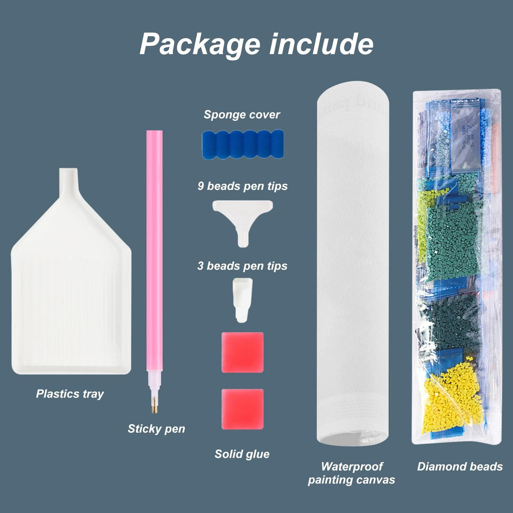 Diamond painting kit contents laid out: tray, pen, sponge cover, pen tips, glue, canvas, and diamond beads.