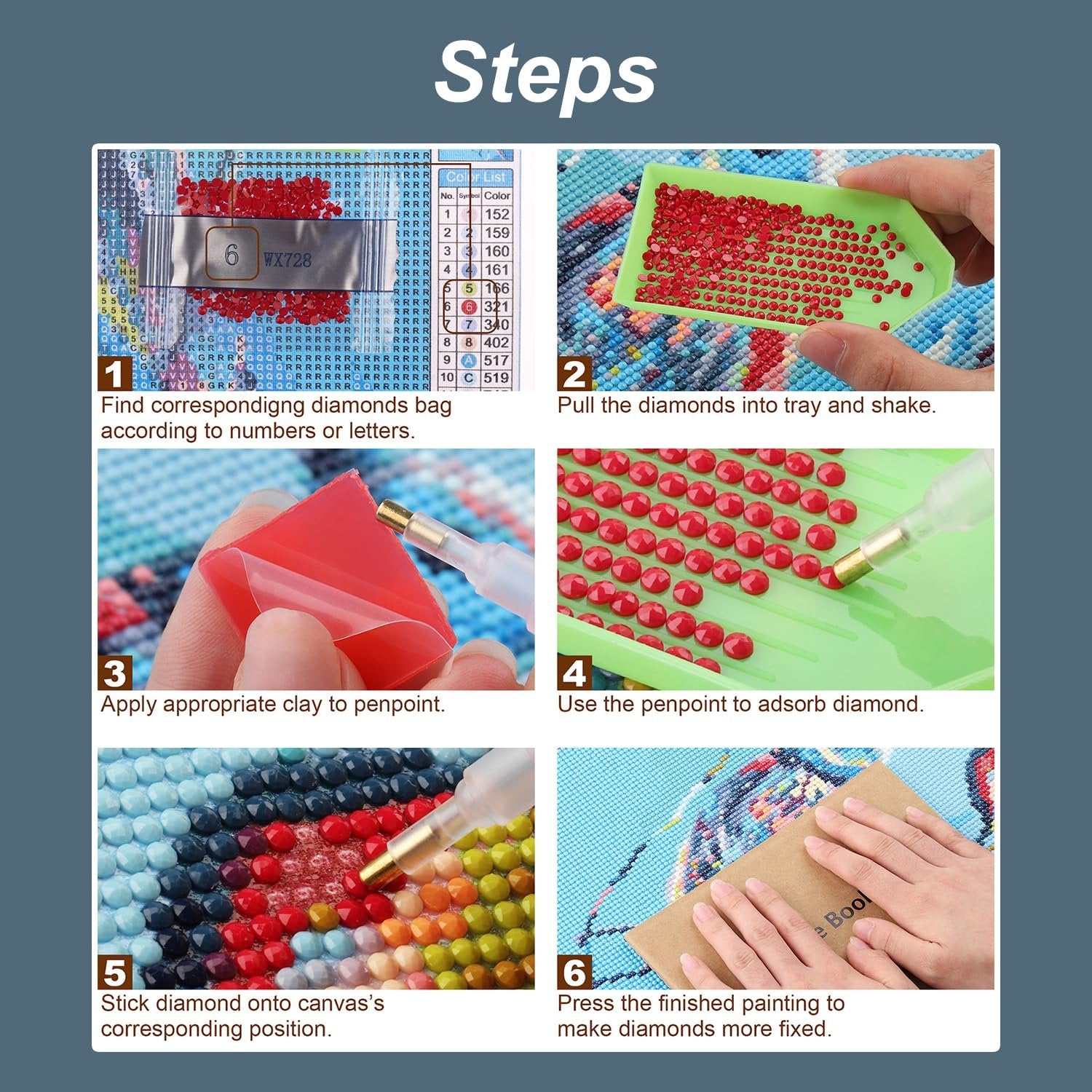Diamond painting kit instructions showing 6 steps: finding diamond bags, shaking diamonds in tray, applying clay to penpoint, picking up diamonds, sticking diamonds, and pressing the finished painting.