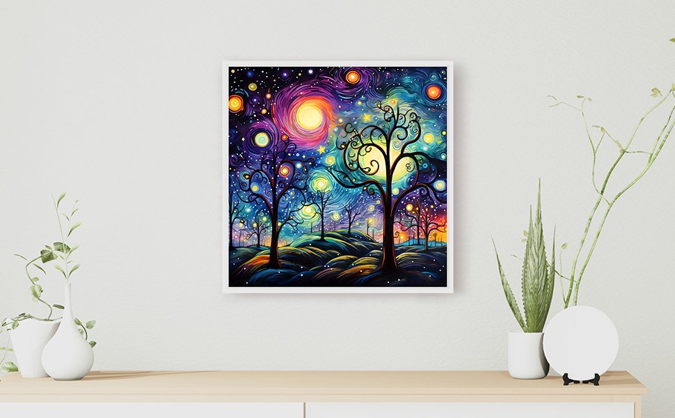 Framed 5D diamond painting kit artwork of a starry night sky with silhouetted trees.