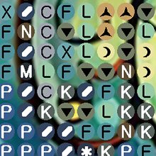 Diamond painting symbols chart with letters and shapes on a colorful background.