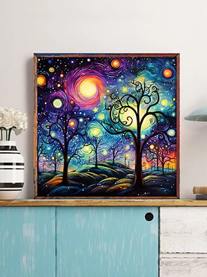Diamond painting kit featuring a vibrant, swirling starry night sky with silhouetted trees and glowing lights.