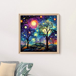 Framed 5D diamond painting kit of a starry night sky with silhouetted trees and glowing orbs.